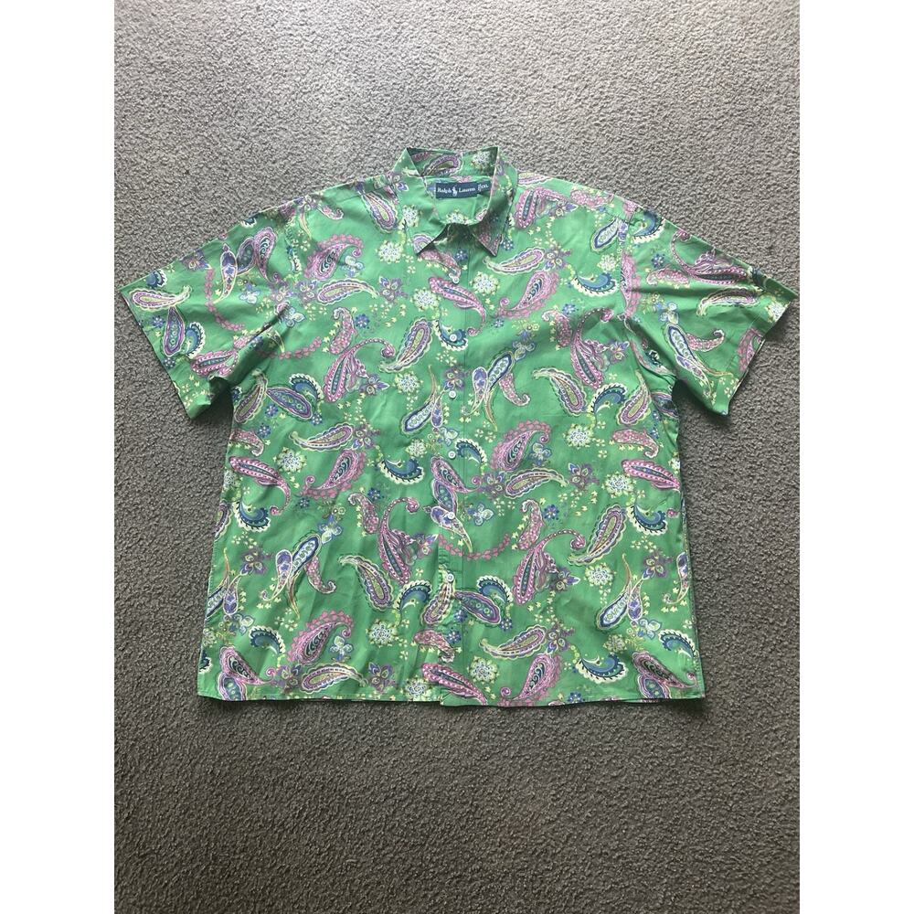 Vintage Ralph Lauren Shirt Mens XXL Green Pink Paisley Short Sleeve Hippie Y2K